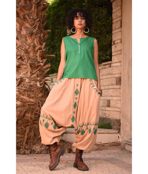 Dark beige Siwa Embroidered Linen Harem Pants Handmade in Egypt & available at Jozee Boutique