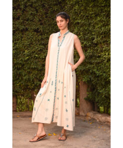 Beige Siwa Embroidered Linen Japanese Dress handmade in Egypt & available at Jozee Boutique.