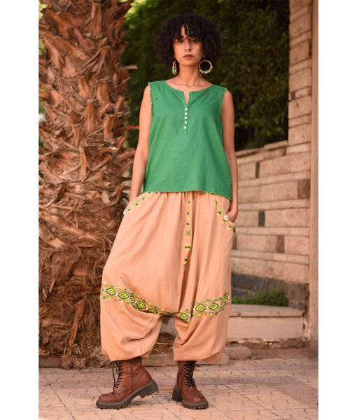 Dark beige Siwa Embroidered Linen Harem Pants Handmade in Egypt & available at Jozee Boutique