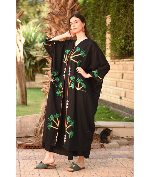 Black Siwa Embroidered Handwoven Linen Cardigan handmade in Egypt & available at Jozee Boutique.