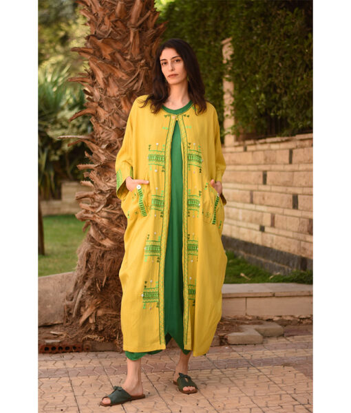 Yellow Siwa Embroidered Handwoven Linen Cardigan