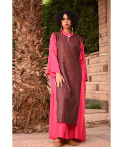 Fuchsia & Brownish Silk & Cotton Loom Woven Long Sleeve Tunic handmade in Egypt & available at Jozee Boutique.