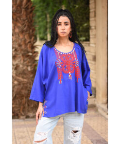 Electric Blue Siwa Embroidered Linen Top handmade in Egypt & available in Jozee boutique