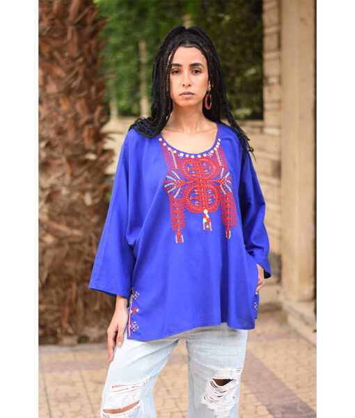 Electric Blue Siwa Embroidered Linen Top handmade in Egypt & available in Jozee boutique