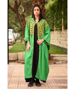 Green Siwa Embroidered Handwoven Linen Cardigan handmade in Egypt & available at Jozee Boutique.