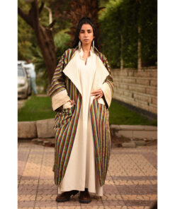 Champagne Gold & Multicolored Long Double-Faced Jacket handmade in Egypt & available at Jozee Boutique.