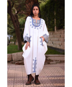 White Siwa Embroidered Linen Kaftan with Silk & Cotton Loom Woven Patches handmade in Egypt & available at Jozee Boutique.