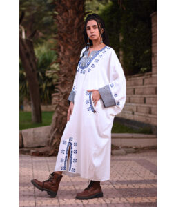 White Siwa Embroidered Linen Kaftan with Silk & Cotton Loom Woven Patches handmade in Egypt & available at Jozee Boutique.