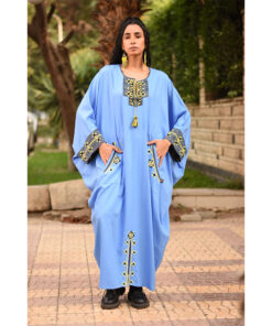 Denim Blue Siwa Embroidered Linen Kaftan with Silk & Cotton Loom Woven Patches handmade in Egypt & available at Jozee Boutique.