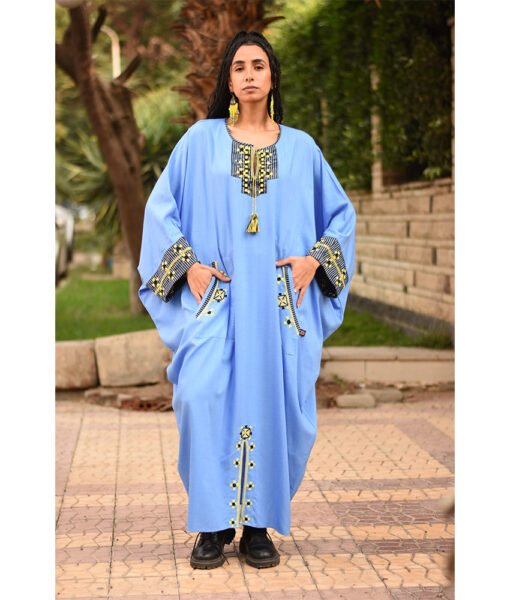 Denim Blue Siwa Embroidered Linen Kaftan with Silk & Cotton Loom Woven Patches handmade in Egypt & available at Jozee Boutique.