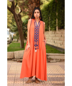 Orange Siwa Embroidered Linen Japanese Dress handmade in Egypt & available at Jozee Boutique.