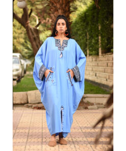 Denim Blue Siwa Embroidered Linen Kaftan with Silk & Cotton Loom Woven Patches handmade in Egypt & available at Jozee Boutique.