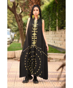 Black Siwa Embroidered Linen Japanese Dress handmade in Egypt & available at Jozee Boutique.