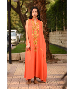 Orange Siwa Embroidered Linen Japanese Dress handmade in Egypt & available at Jozee Boutique.