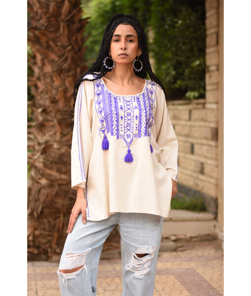 Off White Siwa Embroidered Linen Top handmade in Egypt & available in Jozee boutique