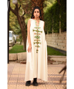 Beige Siwa Embroidered Linen Japanese Dress handmade in Egypt & available at Jozee Boutique.