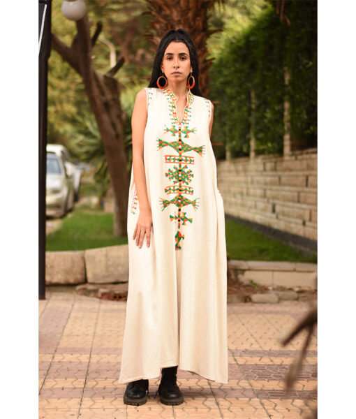 Beige Siwa Embroidered Linen Japanese Dress handmade in Egypt & available at Jozee Boutique.