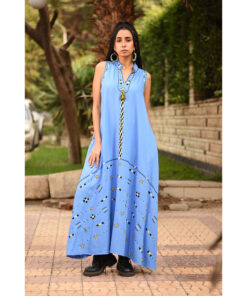 Denim Blue Siwa Embroidered Linen Japanese Dress handmade in Egypt & available at Jozee Boutique.