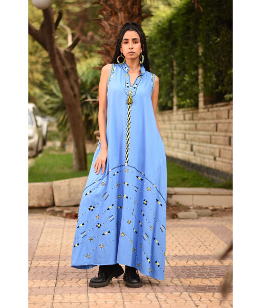 Denim Blue Siwa Embroidered Linen Japanese Dress handmade in Egypt & available at Jozee Boutique.