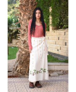 Beige Siwa Embroidered Linen Wrap Skirt handmade in Egypt & available at Jozee Boutique.