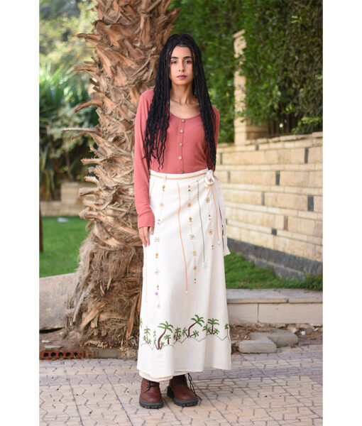 Beige Siwa Embroidered Linen Wrap Skirt handmade in Egypt & available at Jozee Boutique.