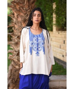 Off White Siwa Embroidered Linen Top handmade in Egypt & available in Jozee boutique