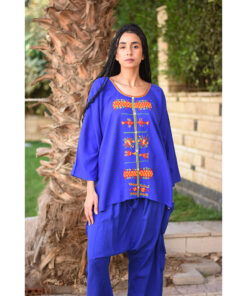 Electric Blue Siwa Embroidered Linen Top handmade in Egypt & available in Jozee boutique