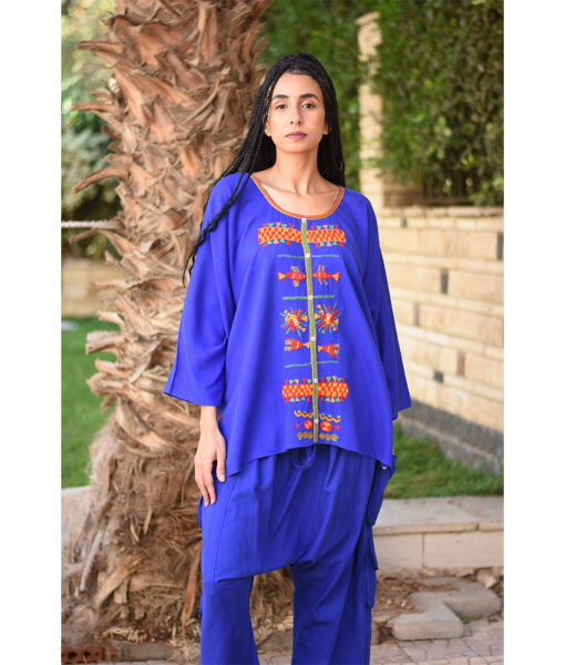 Electric Blue Siwa Embroidered Linen Top handmade in Egypt & available in Jozee boutique