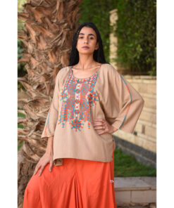 Dark Beige Siwa Embroidered Linen Top handmade in Egypt & available in Jozee boutique