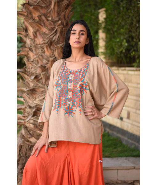 Dark Beige Siwa Embroidered Linen Top handmade in Egypt & available in Jozee boutique