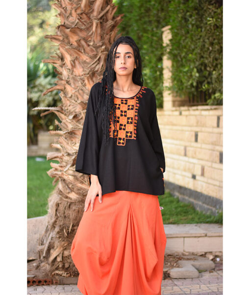 Black Siwa Embroidered Linen Top handmade in Egypt & available in Jozee boutique