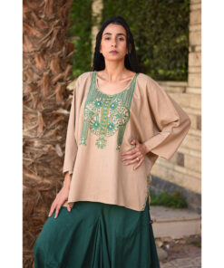 Dark Beige Siwa Embroidered Linen Top handmade in Egypt & available in Jozee boutique