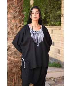 Black Siwa Embroidered Linen Top handmade in Egypt & available in Jozee boutique