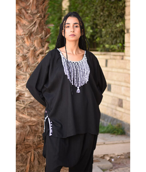 Black Siwa Embroidered Linen Top handmade in Egypt & available in Jozee boutique