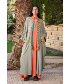 Olive Green Siwa Embroidered Handwoven Linen Cardigan handmade in Egypt & available at Jozee Boutique.