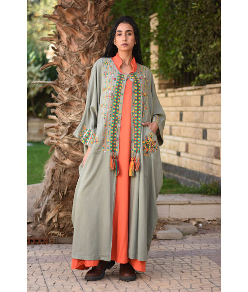 Olive Green Siwa Embroidered Handwoven Linen Cardigan handmade in Egypt & available at Jozee Boutique.