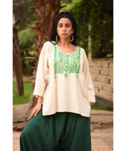 Off White Siwa Embroidered Linen Top handmade in Egypt & available in Jozee boutique