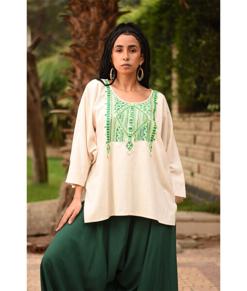 Off White Siwa Embroidered Linen Top handmade in Egypt & available in Jozee boutique