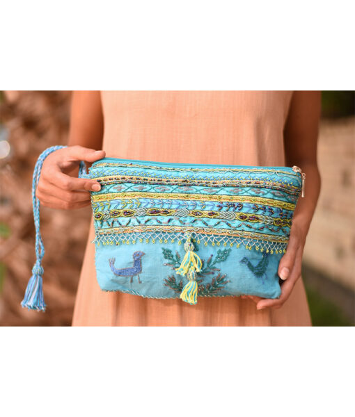 Blue Beaded Saint Catherine Embroidered Pouch handmade in Egypt & available in Jozee boutique