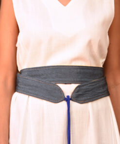 Denim Blue & Multicolored Silk & Cotton Loom Woven Double Wrap Belt handmade in Egypt and available at Jozee Boutique