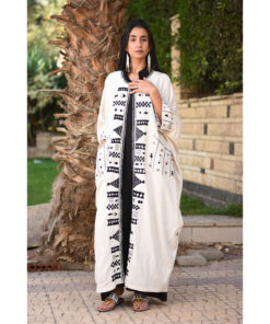 Off White Siwa Embroidered Handwoven Linen Cardigan handmade in Egypt & available at Jozee Boutique.