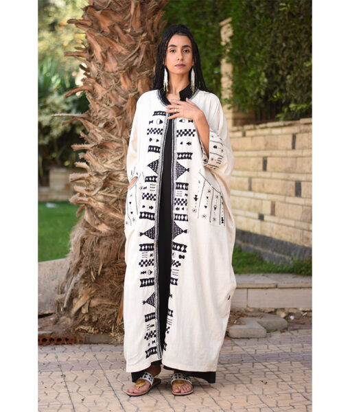 Off White Siwa Embroidered Handwoven Linen Cardigan handmade in Egypt & available at Jozee Boutique.