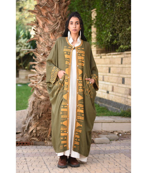 Army Green Siwa Embroidered Handwoven Linen Cardigan handmade in Egypt & available at Jozee Boutique.