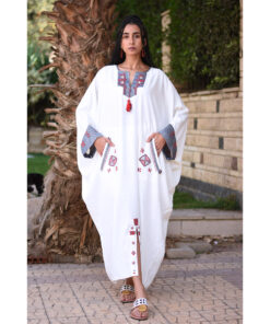 White Siwa Embroidered Linen Kaftan with Silk & Cotton Loom Woven Patches handmade in Egypt & available at Jozee Boutique.