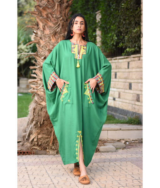 Green Siwa Embroidered Linen Kaftan with Silk & Cotton Loom Woven Patches handmade in Egypt & available at Jozee Boutique.