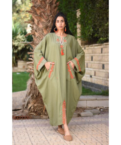 Army Green Siwa Embroidered Linen Kaftan with Silk & Cotton Loom Woven Patches handmade in Egypt & available at Jozee Boutique.