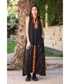 Black Siwa Embroidered Linen Japanese Dress handmade in Egypt & available at Jozee Boutique.