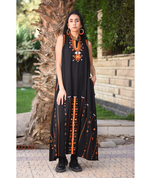 Black Siwa Embroidered Linen Japanese Dress handmade in Egypt & available at Jozee Boutique.