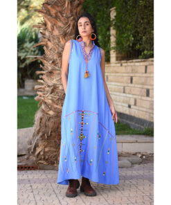 Denim Blue Siwa Embroidered Linen Japanese Dress handmade in Egypt & available at Jozee Boutique.