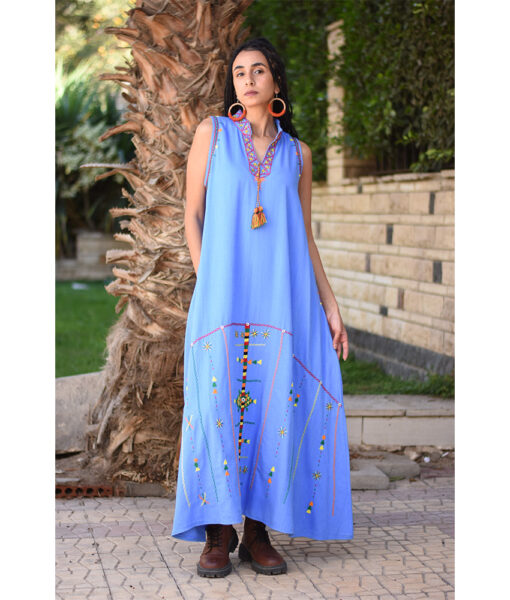 Denim Blue Siwa Embroidered Linen Japanese Dress handmade in Egypt & available at Jozee Boutique.